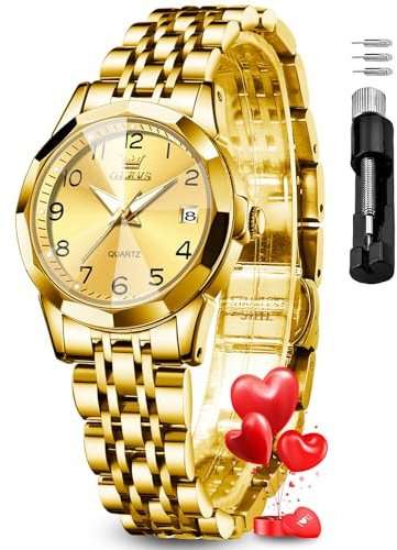OLEVS Gold Womens Watch Fashion Dress Diamond Female Watches for Ladies Analog Quartz Stainless Steel Waterproof Luminous Day Date Two Tone Wristwatch
