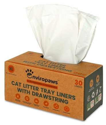 Enviropaws 30 XL Cat Litter Tray Liners | Biodegradable & Compostable | Improved Quality | With Drawstrings | Extra Large | Leak Proof | Cat Litter Bags for Large Litter Boxes | 90x43cm | 2 Mil Thick