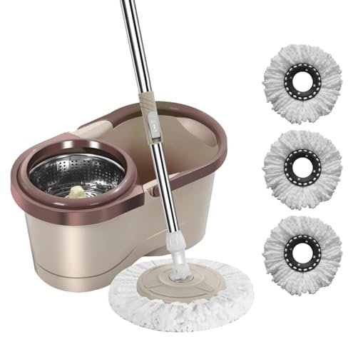 Seau Essoreur et Balai à Franges en Microfibre, Set Serpillère Rotative 360° avec Manche Téléscopique et Seau, Offre 3 Tampons Fibre