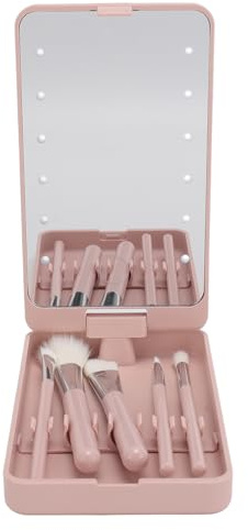 Makeup Brush Set with Mirror, Swivel Folding LED Makeup Mirror, 5pcs Mini Complete Function Cosmetic Brushes Kit,for Home Dormitory Travel,Travel Makeup Brush Set