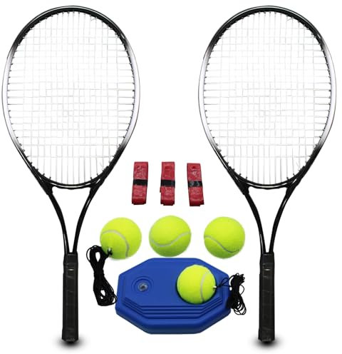 Magicorange Juego de raquetas de tenis para adultos para 2 jugadores, para principiantes y profesionales, incluye 4 pelotas de tenis, 3 overgrips, 1 bolsa (negro)