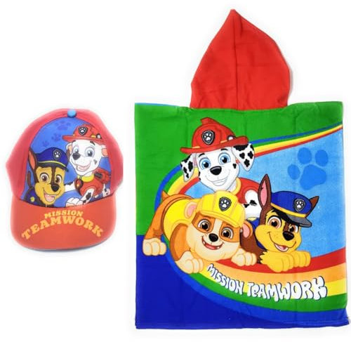 Paw Patrol Poncho Toalla para Playa o Piscina + Gorra Patrulla Canina para Niños | Pack de Gorra y Poncho Gorra Ajustable y Poncho Patrulla Canina con Capucha (Rojo, 110 x 55 cm)