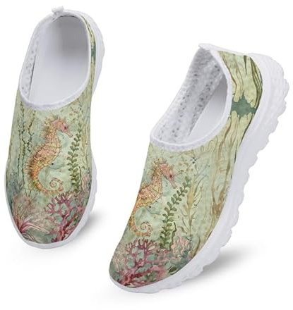 Kuiaobaty Vintage Sea Creature Women's Running Trainers Retro Paint Fishes Slip-on Breathable Mesh Sneakers, Sea Horse Print Loafer Shoes for Work