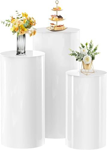 HoldOneLight Juego de 3 soportes cilíndricos para pedestal, mesa blanca para fiestas, pedestal redondo para tartas, flores, pedestal, pilares para boda, despedida de soltera, decoración de cumpleaños