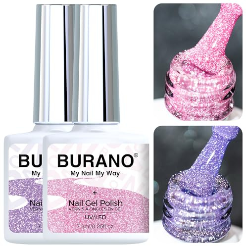 BURANO Pink Reflective UV Gel Nail Polish - 2 Bottles Holographic Sparkle Polish, 7.3ml for Salon and Home DIY S21 S9