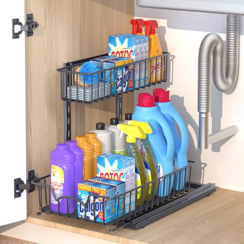 Organizador de armario de 2 niveles, estante para debajo del fregadero, organizador extensible para cocina, organizador de cestas de metal para armario, organizador multiusos para cocina, baño (negro)