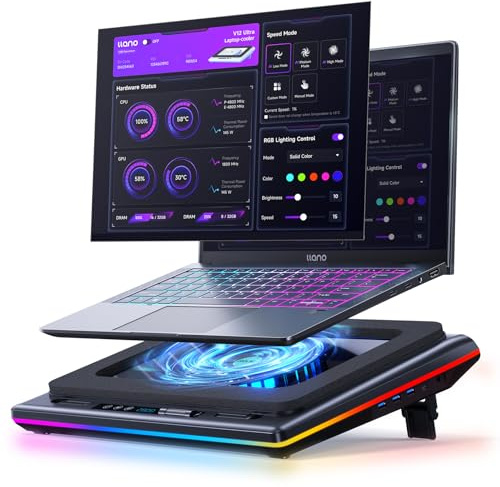 llano V12 Ultra Laptop Cooling Pad with Smart Software Control, RGB Gaming Laptop Fan Cooler Stand, 5.5 Turbo Fan, Adjustable Speed, 3-Port USB 3.0 Hub, 3 Height Stands, for 15.6-19 Laptops, Black