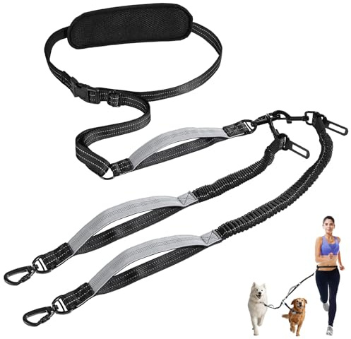 Tivray Hands Free Hundeleine,Taillenleine für 2 Hunde,Verstellbare Doppelleine mit Abnehmbarem Taillengurt,Gepolsterte Griffe, Schockabsorbierendes Bungee für Spaziergänge Jogging, Schwarz+Grau