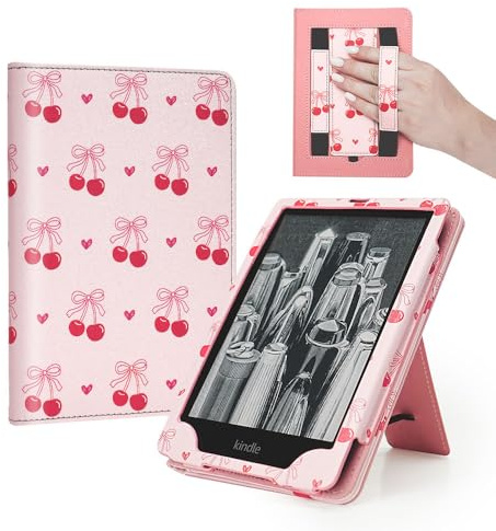 Pink Cherry Bow Case for 7/6.8 Kindle Paperwhite 12th/11th Gen,Pocketbook,Colorsoft, Cute Stand Hand Strap Book Cover Sleeve Ebook Gifts Accessories 2024 2025