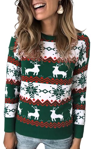 Marvmys Jersey de Navidad Mujer Suéter Navideño Invierno Manga Larga con Copos de Muñeco de Nieve y Reno Cuello Redondo L-XXL