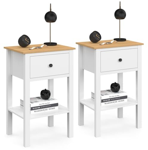 IDMarket – Juego de 2 mesillas de noche Achille con 1 cajón, 1 estante y bandeja, color blanco y tablero de madera