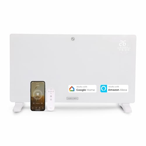 Olsen & Smith 2500W Smart Glass Panel Heater Electric Radiator with WiFi App Control, Wall Mounted or Freestanding, Thermostat & Timer, Energy Efficient Home Heating (White)
