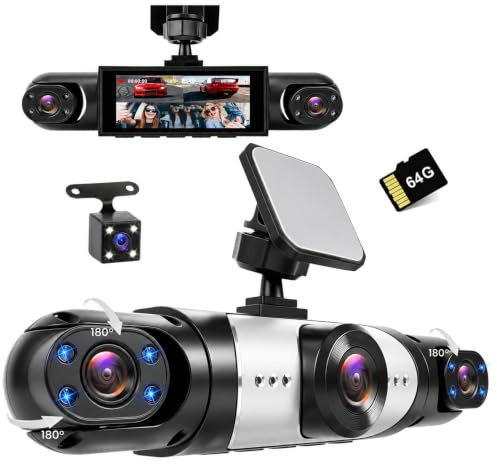 Realdio Dashcam Coche 4 Canales 360 Grados, FHD 1080P, 3,16 Pantalla IPS | Tarjeta SD 64 GB Incluida, Visión Nocturna 12 LED, Compensación de Exposición, Ángulo 150°, Grabación en Bucle