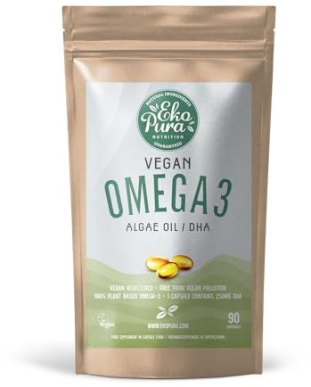 Ekopura Vegan Omega 3 Algae Oil 90 Capsules (250mg) | 250mg DHA Per Capsule | Support Brain & Eye | GMO-Free | Plant-Based Alternative to Fish Oils | 3 Months Supply (1 Capsule per Day)