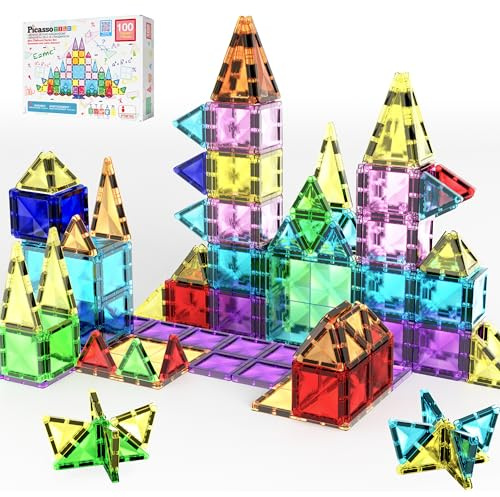 PicassoTiles 100 Pcs Bloc de Construction Magnétique Mini Série Diamant Taille Voyage on-The-Go Aimant Construction Jouet Ensemble STEM Learning Kit Jeu Éducatif Développement