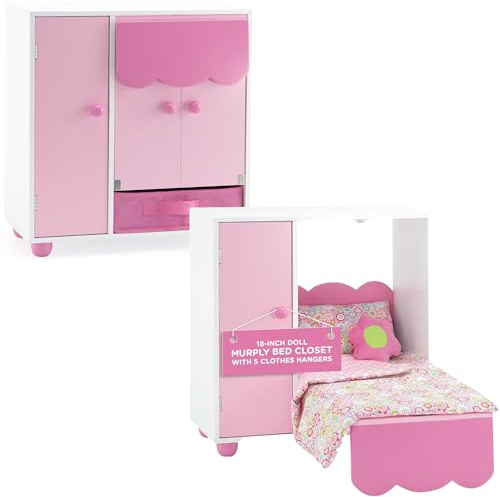 Emily Rose 18 Doll Furniture Murphy Bed & Closet Set with 5 Hangers, Storage Bin & 4-Piece Bedding - Space-Saving Wooden Doll Bedroom from Trusted USA Woman-Owned Brand, Fits American Girl
