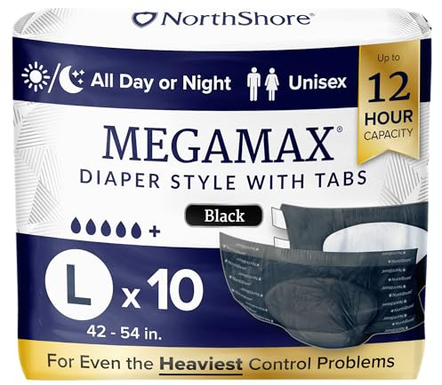 NorthShore MegaMax Couches de nuit pour adultes, style languette 12 heures, grand, sac de 10 pièces, noir, 42 à 54 pouces, sous-vêtements unisexes pour incontinence