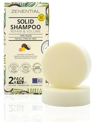 Festes Shampoo – 2 Stück im Set – Vegan und Natürlich, Für Alle Haartypen, 99% Inhaltsstoffe natürlichen Ursprungs, Mit Grapefruitduft und Kokosbasis – Nachhaltige Kartonverpackung – Zenential