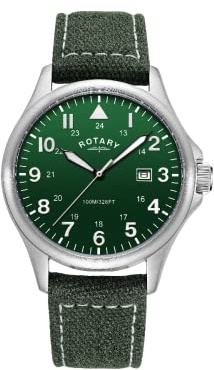 Rotary Mens Pilot Analogue Quartz Watch with Green Dial and Green Canvas Strap GS00473/56