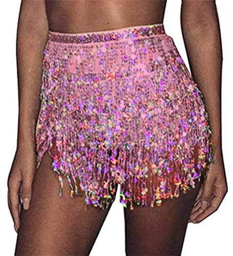 Minetom Damen Bauchtanz Und Latin Dance Glitzer Rock Pailletten Quaste Tanzröcke Fransen Outfits Röcke Bauchtanz Hüfttuch Gürtel Röcke A1 Rosa One Size