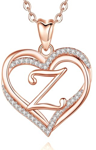 INFUSEU Z Pendentif,Collier Lettre A-Z Alphabet Capital Bijoux Double Coeur Initiale Collier Or Rose Zircone Cubique CZ pour Femmes Cadeaux Romantiques, Chaîne de 20 Pouces
