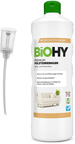 BiOHY Limpiador de Tapicerías Premium (1 botella de 1 litro) + Dosificador | Concentrado para muebles tapizados, sofás, alfombras y textiles | quitamanchas que disuelven el olor (Premium Polster)
