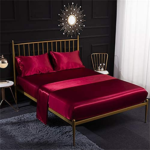MAYILNSIN Parure de lit 4 pièces en satin de soie avec drap-housse en satin, drap plat, taie d'oreiller, respirante, douce et confortable, pour lit King size Rouge