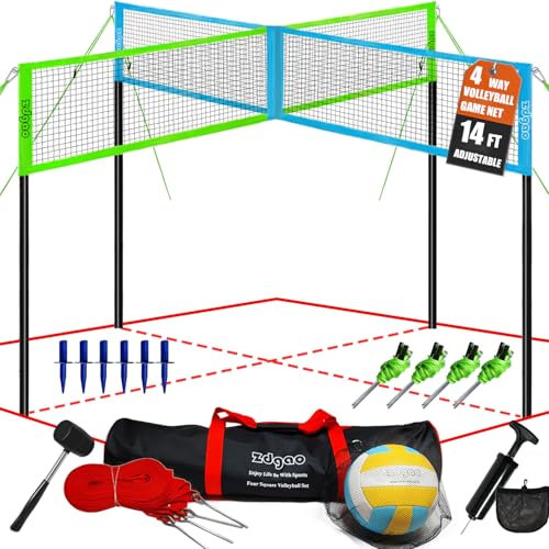 Zdgao Four Way Volleyball Net 14ft x 14ft Height Adjustable 4 Square Volleyball Badminton Outdoor Set for Backyard Lawn Beach Game Play | Come with Soft Volleyball, Hammer and Carry Bag