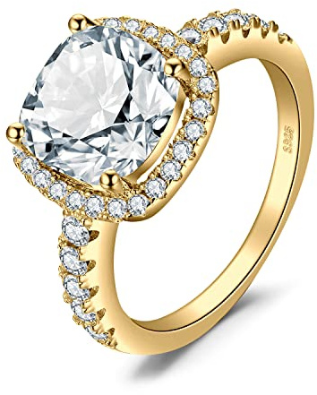 JewelryPalace 3ct Cushion Cut Halo Engagement Rings for Women, 14k Yellow Gold Plated 925 Sterling Silver Cubic Zirconia Love Promise Rings for Her, Anniversary CZ Simulated Diamond Ring Size 7