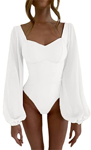 tinetill Body Donna Bodysuit Maniche Lunghe in Pizzo Maniche a sbuffo Tuta Maniche a lanterna Top con Scollo Quadrato Senza Schienale Elegante Camicia Tinta Unita Top