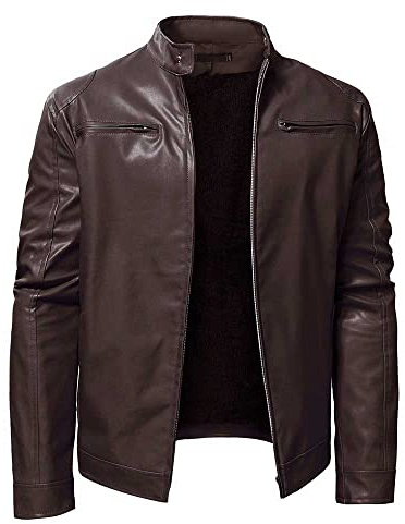 YUDATPG Veste pour hommes en cuir synthétique PU bomber moto slim fit soft touch classique col décontracté fermeture éclair manteau épais chaud coupe-vent veste thermique en peluche, marron, M