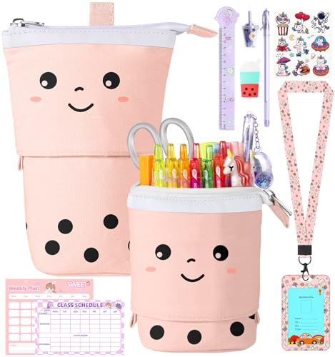 LISEVO Cute Pencil Case for Girls, 9 in 1 Set Boba Standing Up Pencil Bag Pouch Holder for Students Teens, Japanese Back to School Supplies Stationary Bags Set, Pen Holder Box Choice for Girls