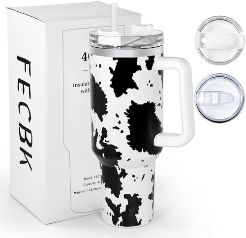 FECBK Bicchiere da 1180 ml con manico e cannuccia, 100% a prova di perdite, tazza da caffè in acciaio inox a doppia parete isolata sottovuoto, mantiene il freddo per 34 ore, senza BPA, mucca bianca