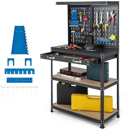 TANGZON Workbench with Pegboard, Metal Work Bench with Shelves, Topping Space, Hanging Accessories, Heavy Duty Work Table Tool Storage Bench for Workshop Warehouse (Black+Blue, 81x41x156cm)
