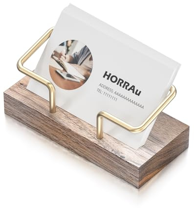 HORRAu Porta Biglietti da Visita in Legno, Organizer per Carte in Legno di Noce e Ottone, Supporto per Biglietti da Visita per Scrivania da Ufficio, un Regalo per Uomini e Donne
