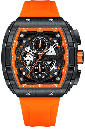 RORIOS Relojes Analógico Cuarzo Reloj Tonneau de Pulsera para Hombres Reloj Moda Multifuncional Reloj Punk Cronógrafo con Correa de Silicona Naranja