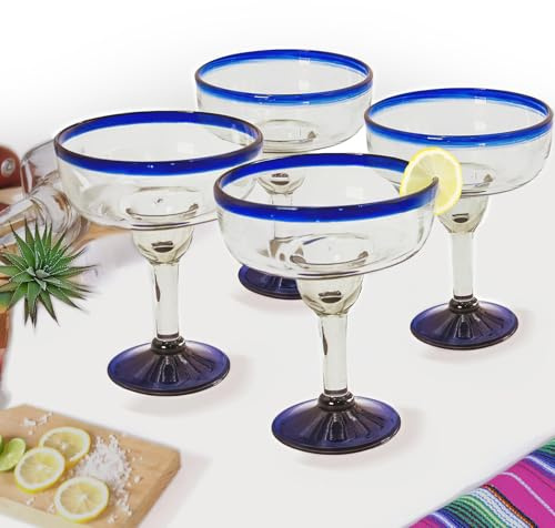Stora handblåsta mexikanska margarita-glas | autentiskt handgjort glas från Mexiko | koboltblå kant | festset, perfekt för margaritas, piña coladas, frysta cocktails eller andra blandade drycker (4)