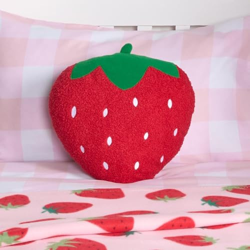 OHS Back Pillow For Bed, Strawberry Shaped Scatter Cushion Soft Cosy Fabric Decorative Vibrant Playful Design Pillow Support for Sofas Bed Chair for Kids Bedroom, 35 x 40cm - Red