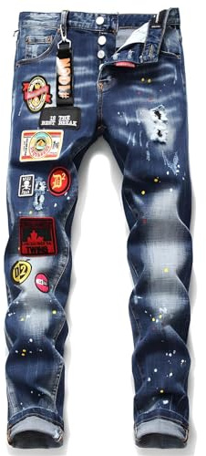 Kdtoll Pantalones Hombre Slim Fit Rasgados – Pantalones Vaqueros Elásticos con Efecto Pintura Salpicada, Bordados Streetwear Y2K, Jeans Estilo Hip-Hop Casual para Outfits Modernos