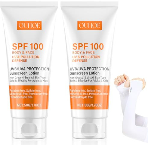 2 Piezas Crema Solar 100 SPF, con Mangas de Seda de Hielo, Protector Solar 100 SPF, Impermeable, No Grasa, Fuerte Protección UV, Crema Solar Facial para Todo Tipo de Piel