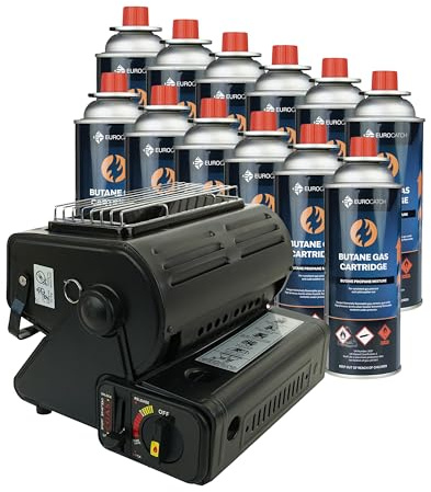 Eurocatch Ventilationskamin & gasolkök - inkl. 12 gasflaskor - gasolkök - värmare - campingkök - terrassvärmare - brännare - keramisk platta - transportväska