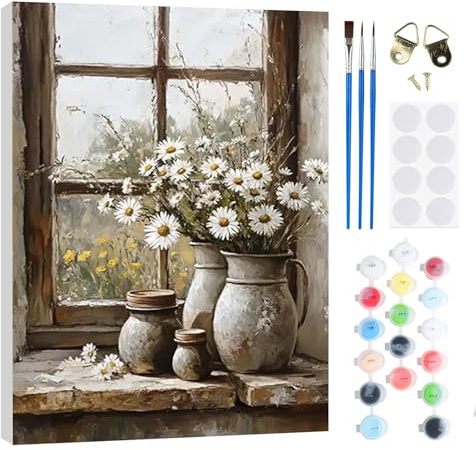 RICUVED Ventana Pintura por Números 20x30cm para Adultos y Niños con Marco de Madera -Flor Kit Completo con Pinceles, Pinturas y Lienzo para Decoración de Pared y Regalo Creativo