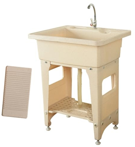 Lavandino Multiuso Indipendente, Lavatoio Lavanderia in Plastica con Asse di Lavaggio, Lavandini di Lavanderia e Pluriuso con Tubi e Kit di Scarico(46x32x69cm)