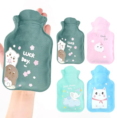 4 bolsa agua caliente con funda de piel sintética suave de primera calidad. Botellas de agua caliente mini de 350 ml. Compresas frías y calientes para cuello, hombros, manos y pies