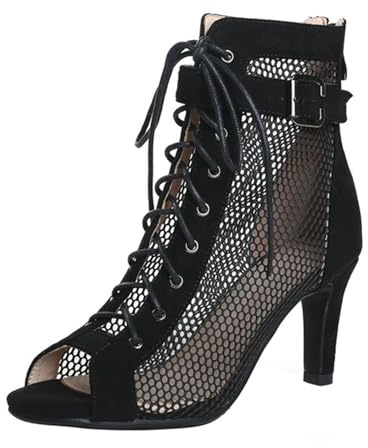 Botas de tacón para mujer en malla, zapatos de baile con cordones, botines de tacón para mujer de fiesta y club, tacones de baile, zapatos sexys de tacón alto, stilettos, botines, sandalias negras y