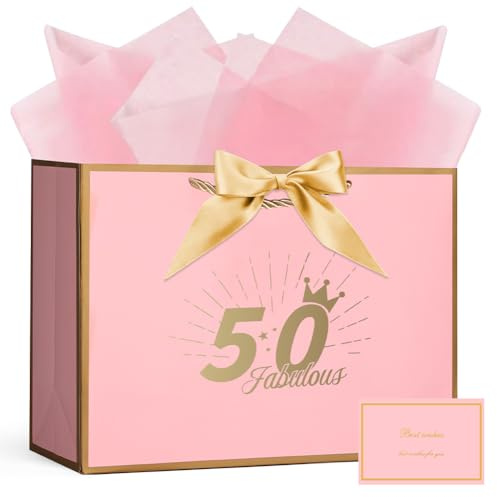 AOOSU Bolsas de Regalo Elegantes, Bolsas Regalo para Cumpleaños, 32x22x10cm Bolsos de Papel con Asas con 3 Envoltorios y 1 Tarjeta para Cumpleaños, Fiestas(Oro rosa-50)