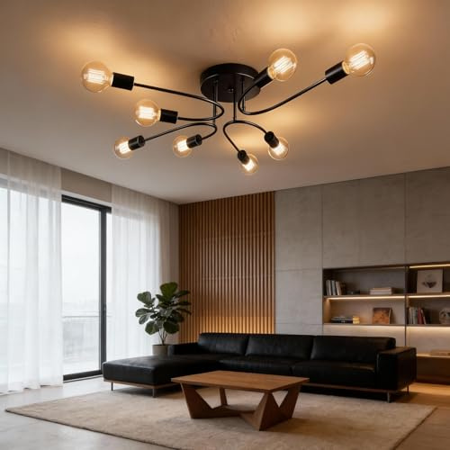 niuniaj Plafonnier vintage,8 Lumières Lustre Sputnik Vintage,Moderne Suspension Luminaire en Metal E27 Base Lampe Plafond pour Salon Chambre Cuisine Salle À Manger Bar Café Diamètre 82cm(Noir)