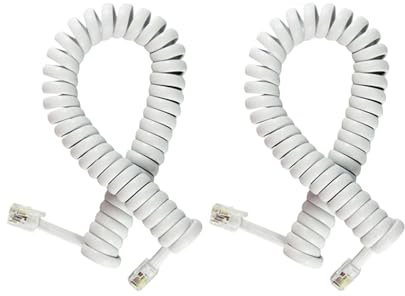 NSGWKZD Telephone Extension Cord 10 ft, RJ9 4P4C Landline Phones Cable - White, Spiral Coiled, 2-Pack