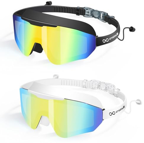 Otionus 2 Pack Adult Swim Goggles, Frameless Wide View, Earplugs | Anti-Fog, UV Protection, No Leak Fit