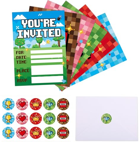 Csoisoy 30 Juegos Invitaciones de Cumpleaños de Píxeles, Temática Videojuegos Tarjetas Invitación con Sobres y Pegatinas para Niños y Niñas